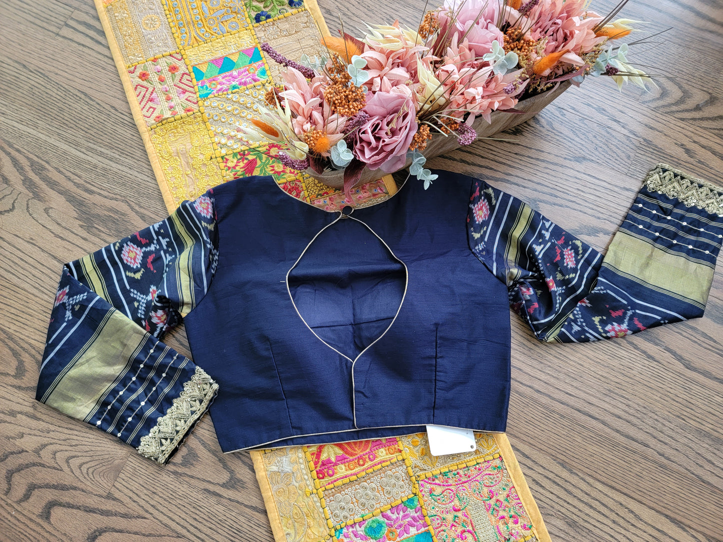 Maggam work Raw Silk Patola sleeve Blouse - Royal Blue