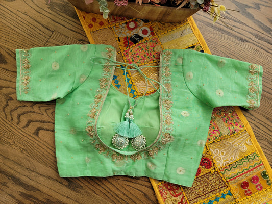 Maggam work Raw Silk Blouse - Pista Green