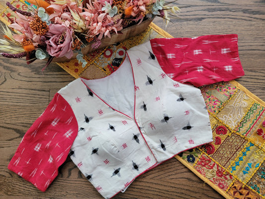 Cotton double Ikkat Blouse - white