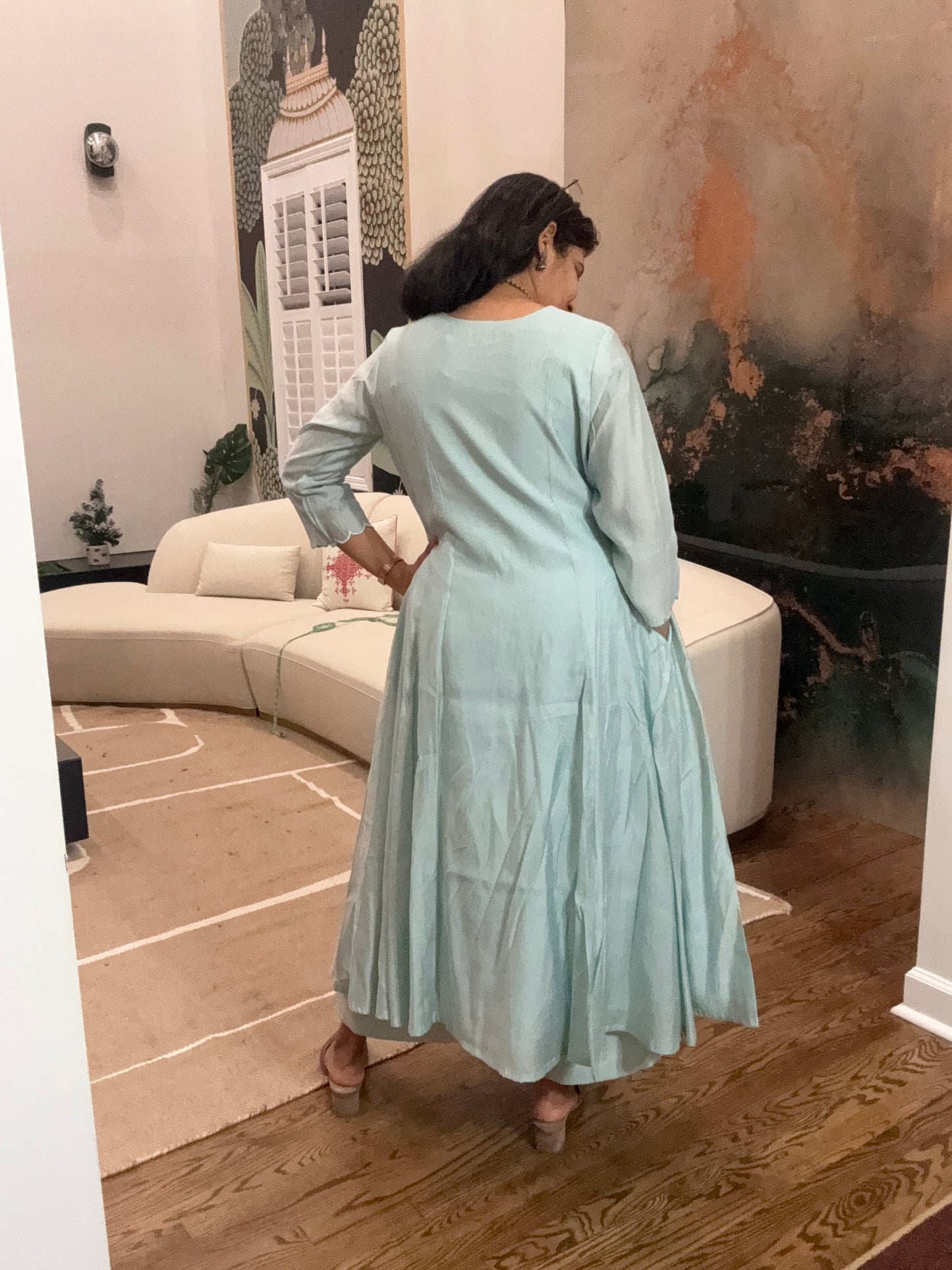 Size M - 38 - Plain Anarkali Kurta and Pant Set - Pastel Pistachio Green