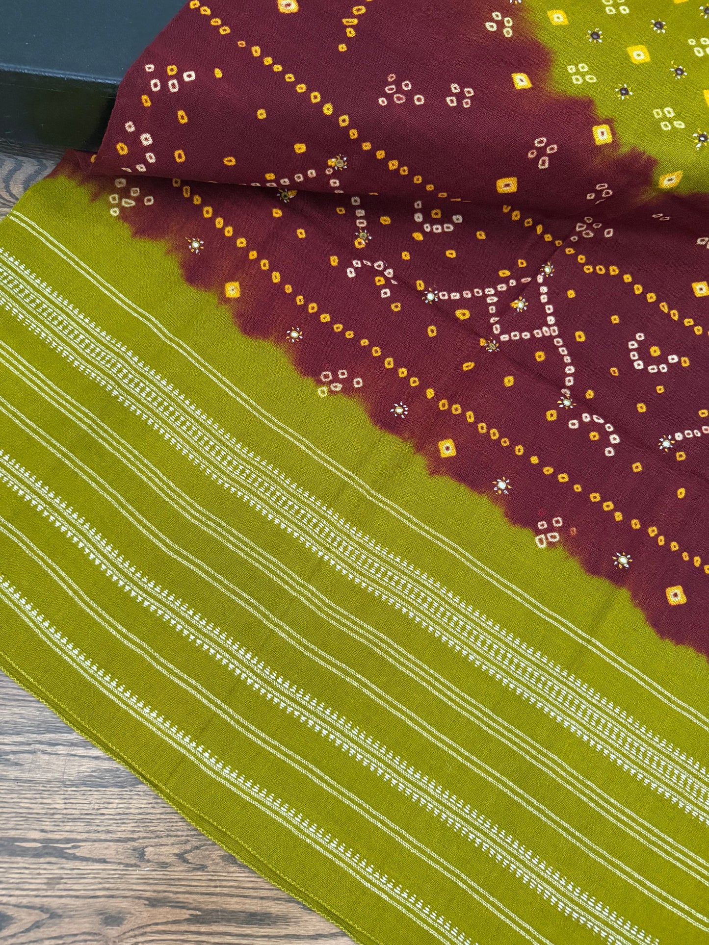 Hand Woven Bandhej Marino Sheep Wool Shawl - Olive Green/ Maroon