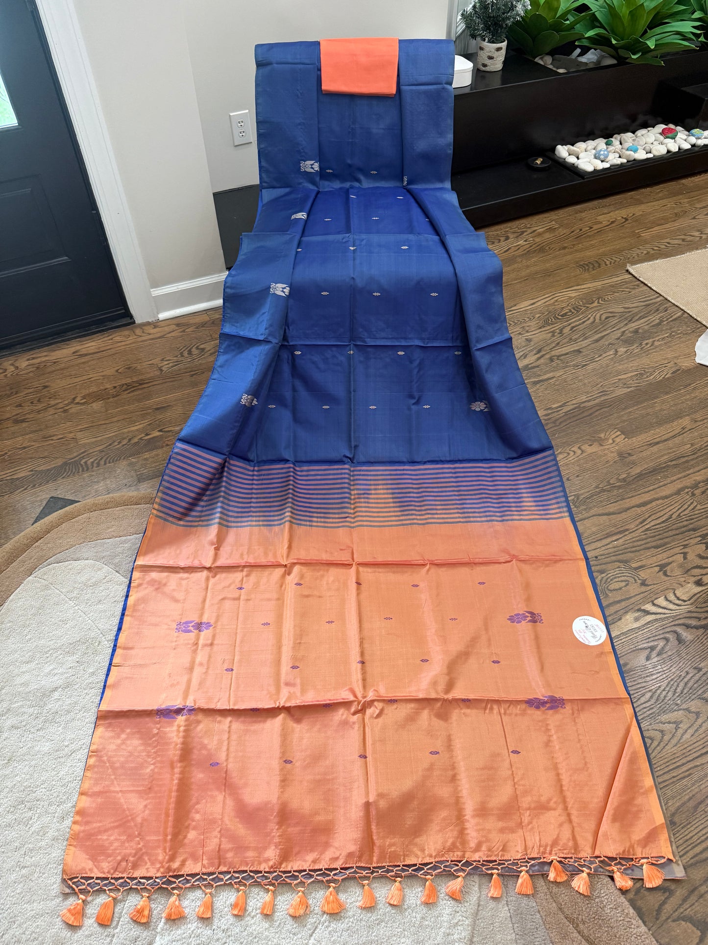 Banana Silk Saree - Cobalt blue with peach pallu