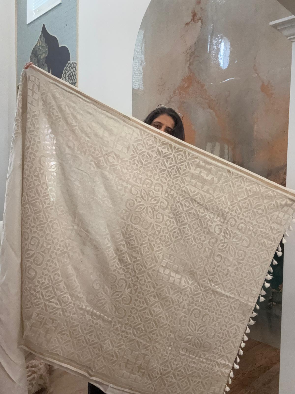 Hand Appliquework sarees on Maheshwari Silk - Beige