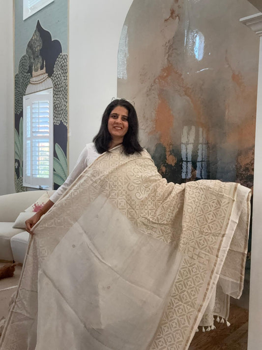 Hand Appliquework sarees on Maheshwari Silk - Beige
