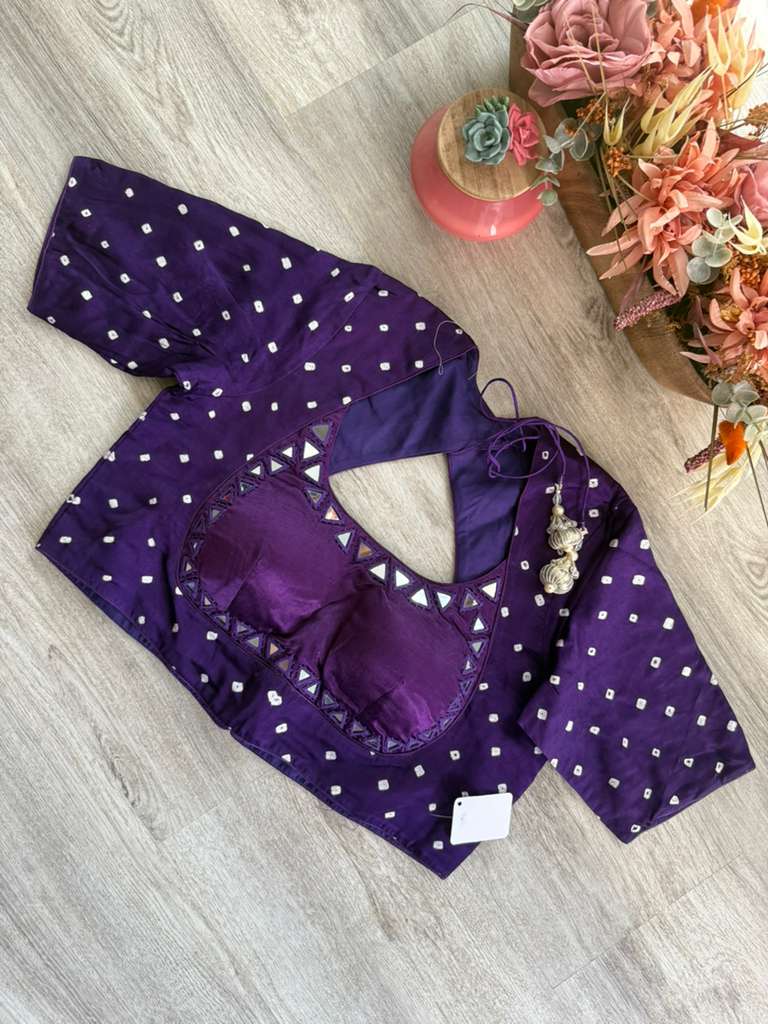 Bandhani Blouse with Mirror Work - Eggplant Purple