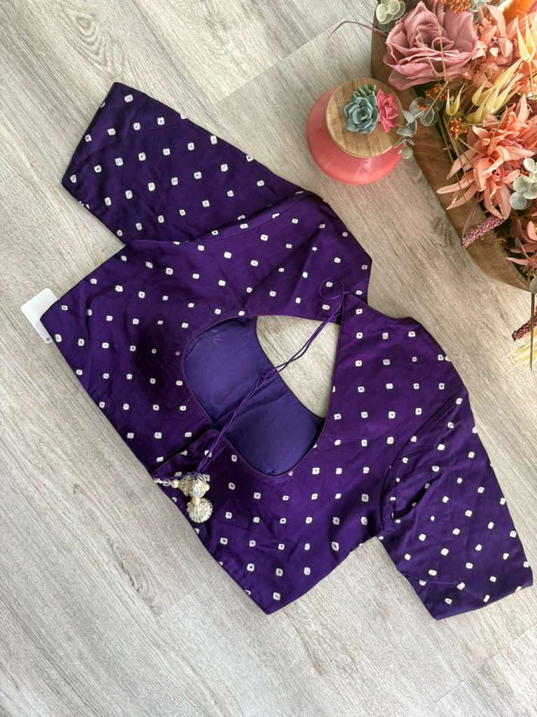 Bandhani Blouse with Mirror Work - Eggplant Purple