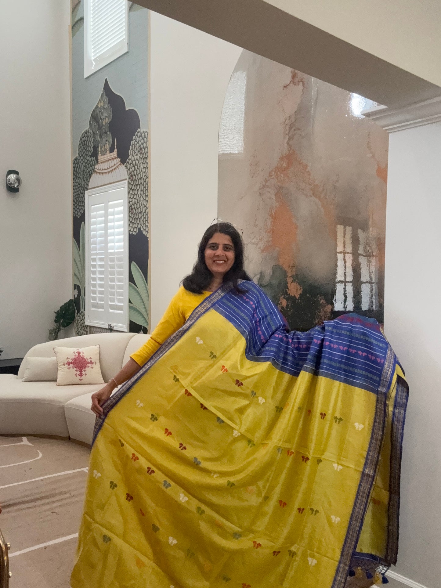 Handwoven Jala Work Gopalpur Tusser Saree - Lime Yellow
