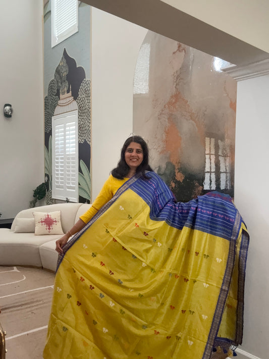 Handwoven Jala Work Gopalpur Tusser Saree - Lime Yellow