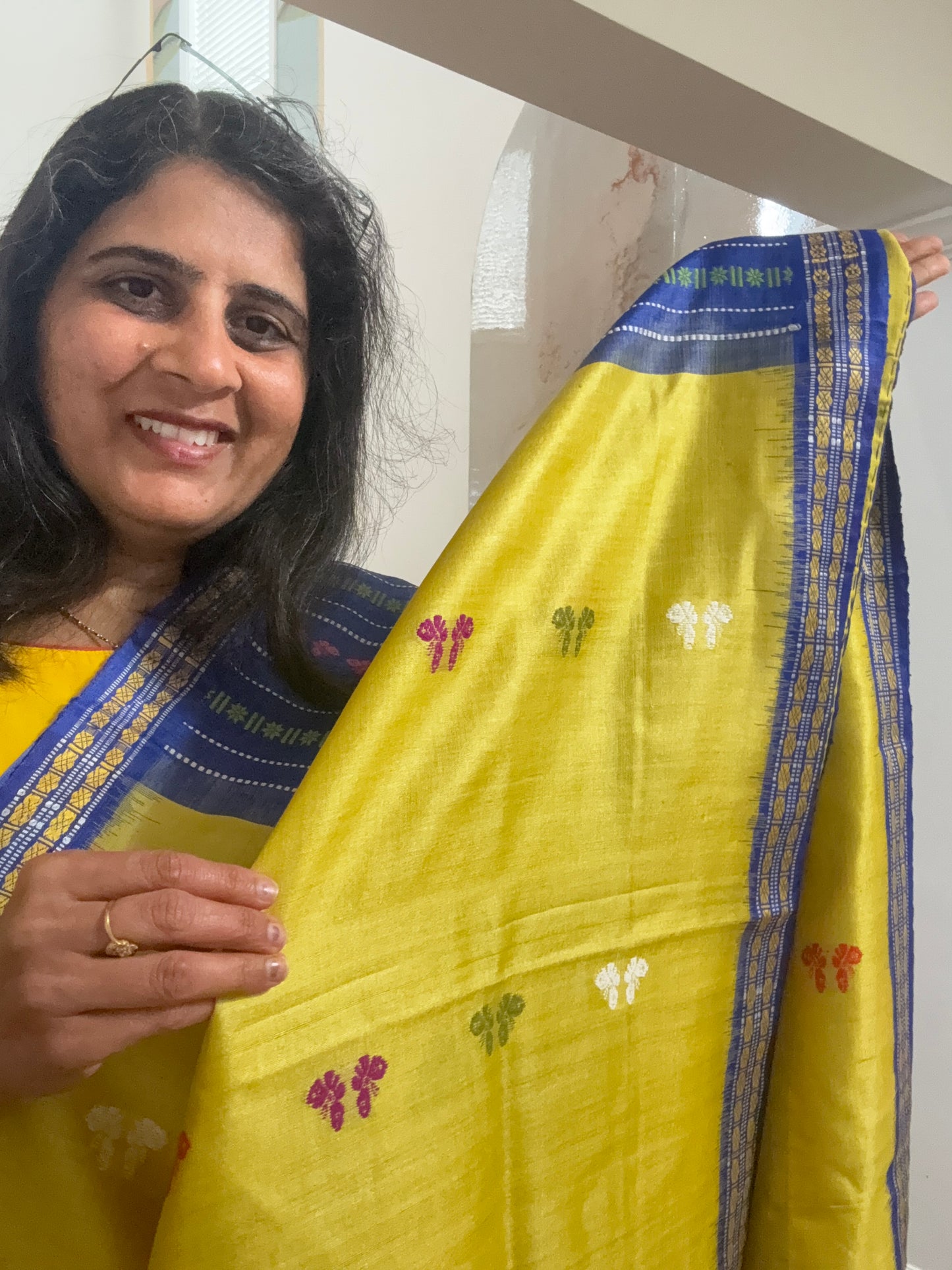 Handwoven Jala Work Gopalpur Tusser Saree - Lime Yellow