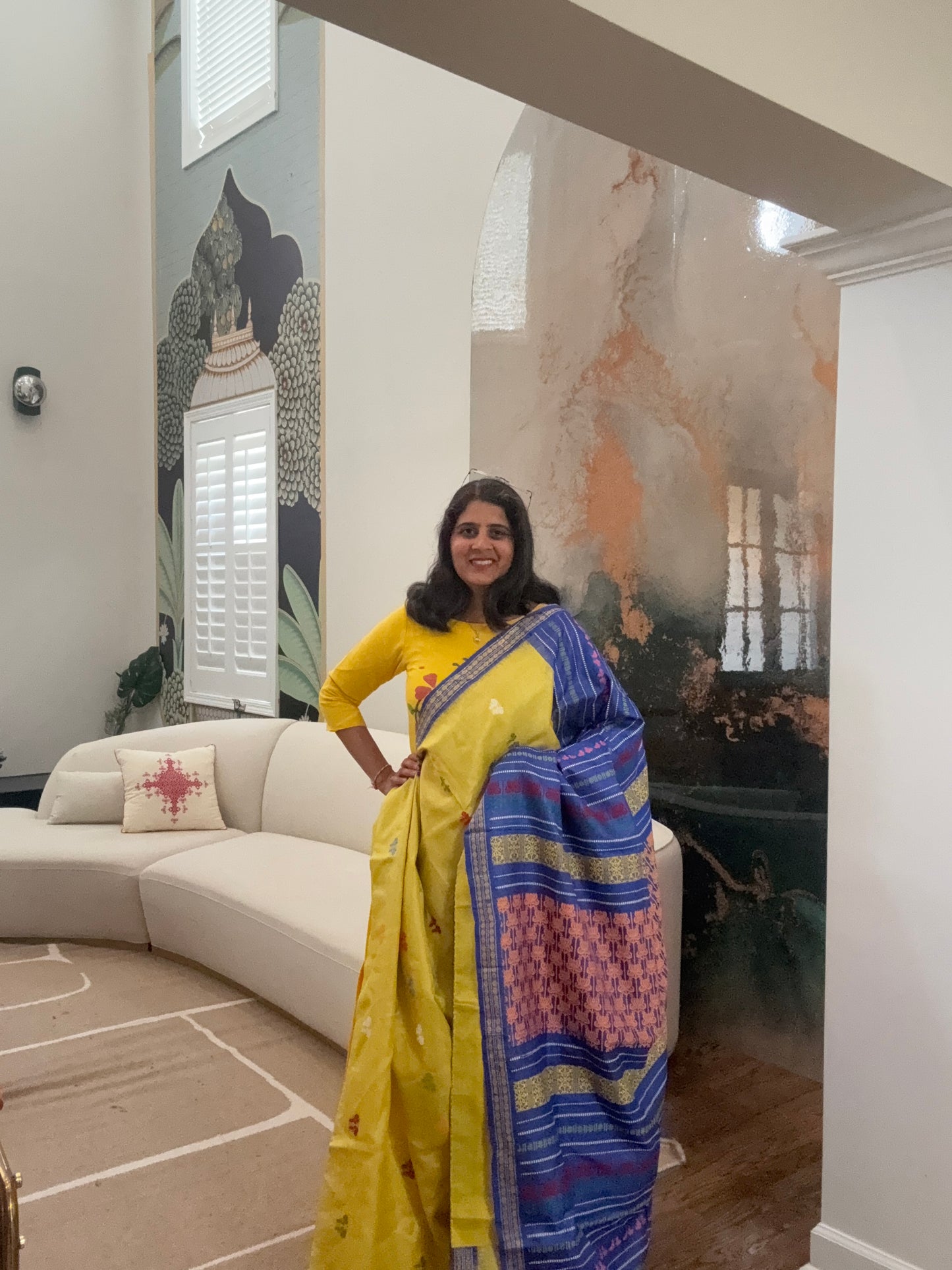 Handwoven Jala Work Gopalpur Tusser Saree - Lime Yellow