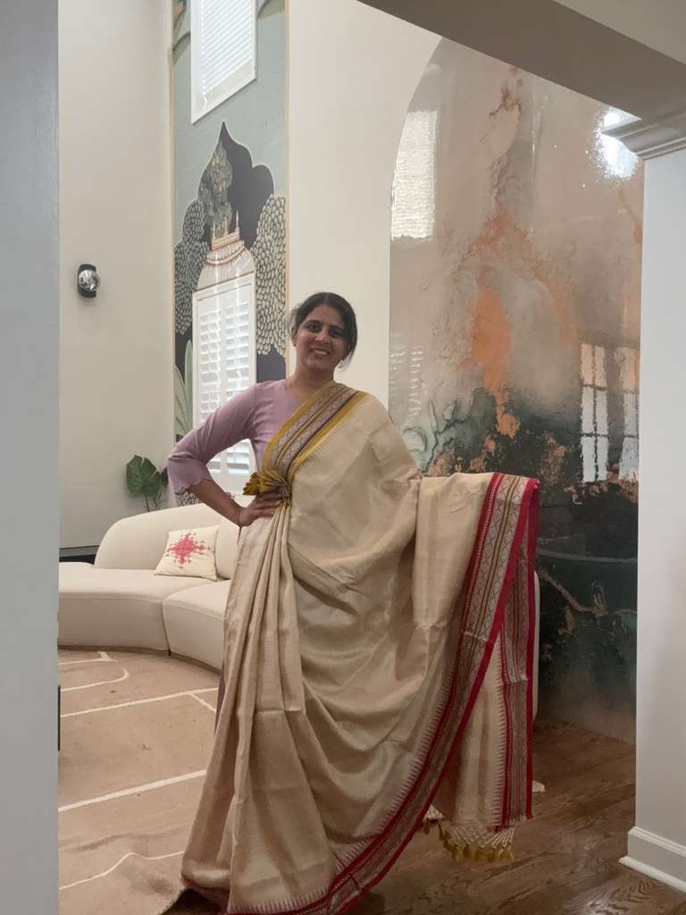Handwoven Vidarbha tusser Saree - Yellow & Crimson Border