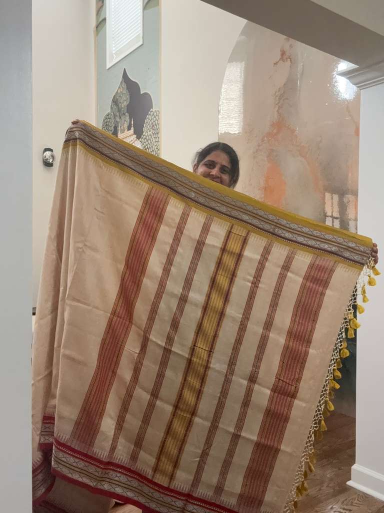 Handwoven Vidarbha tusser Saree - Yellow & Crimson Border