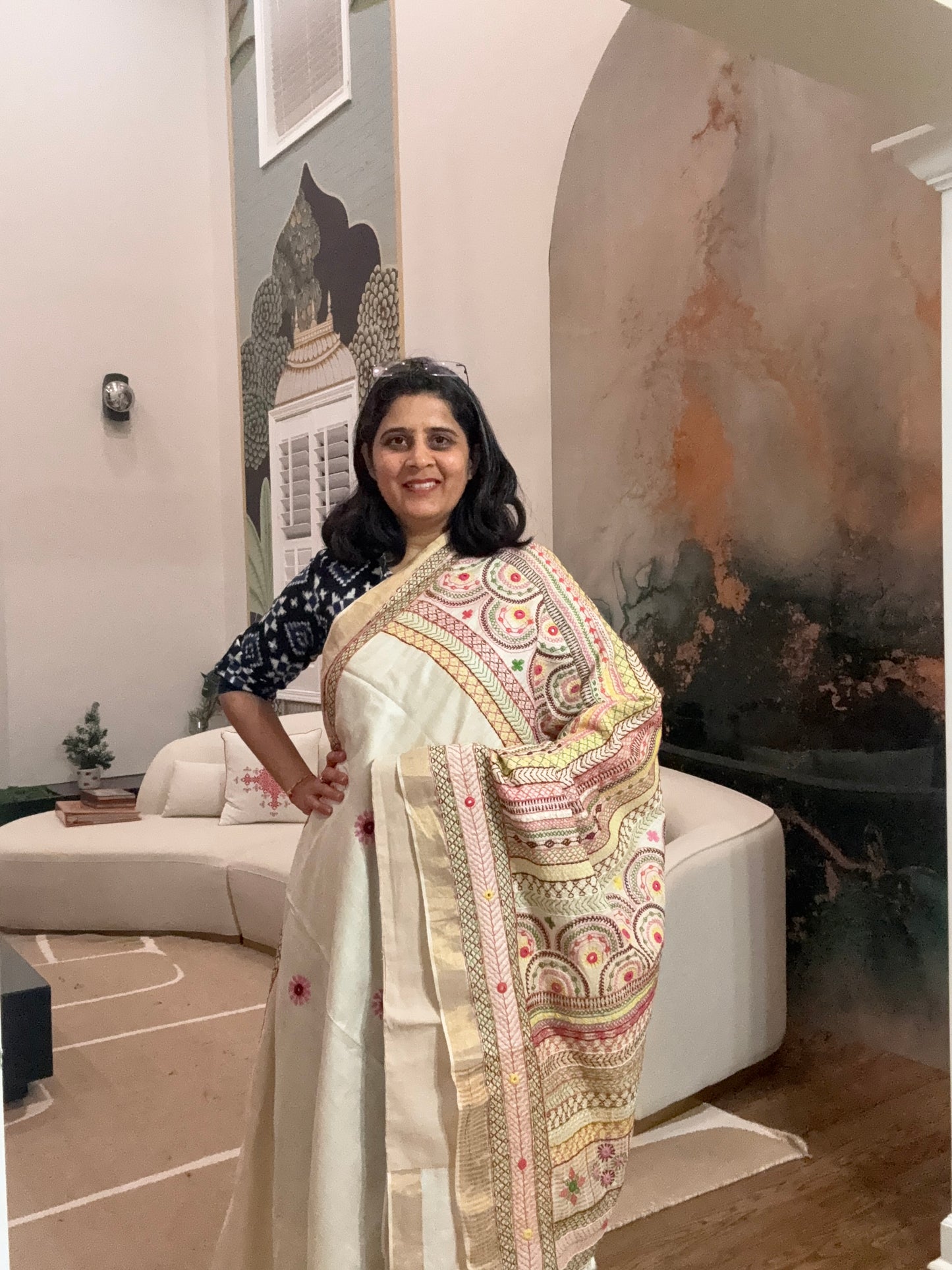 Hand embroidered Lambaani saree on Tusser