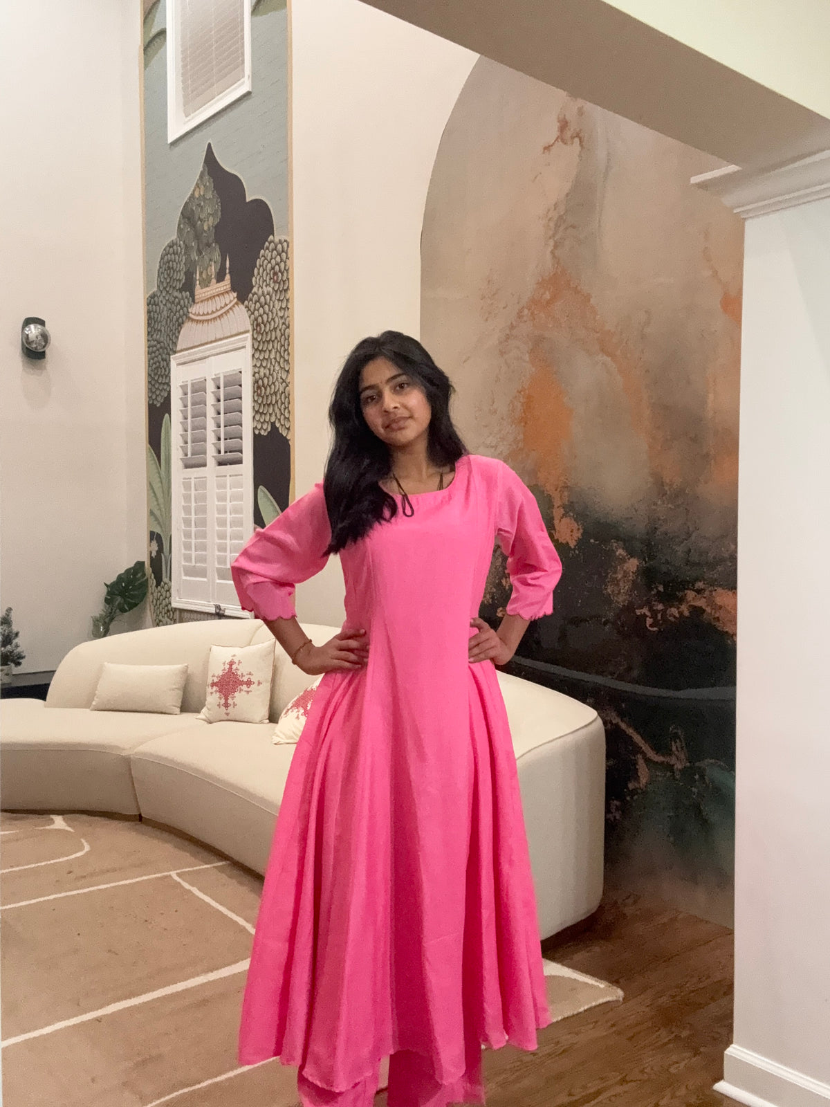 Size S - 36 - Plain Anarkali Kurta and Pant Set - Bright Pink