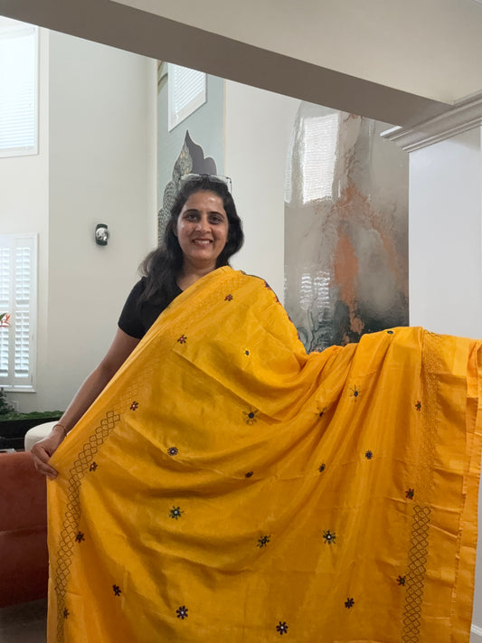 Hand embroidered Lambaani saree on Maheshwari Silk
