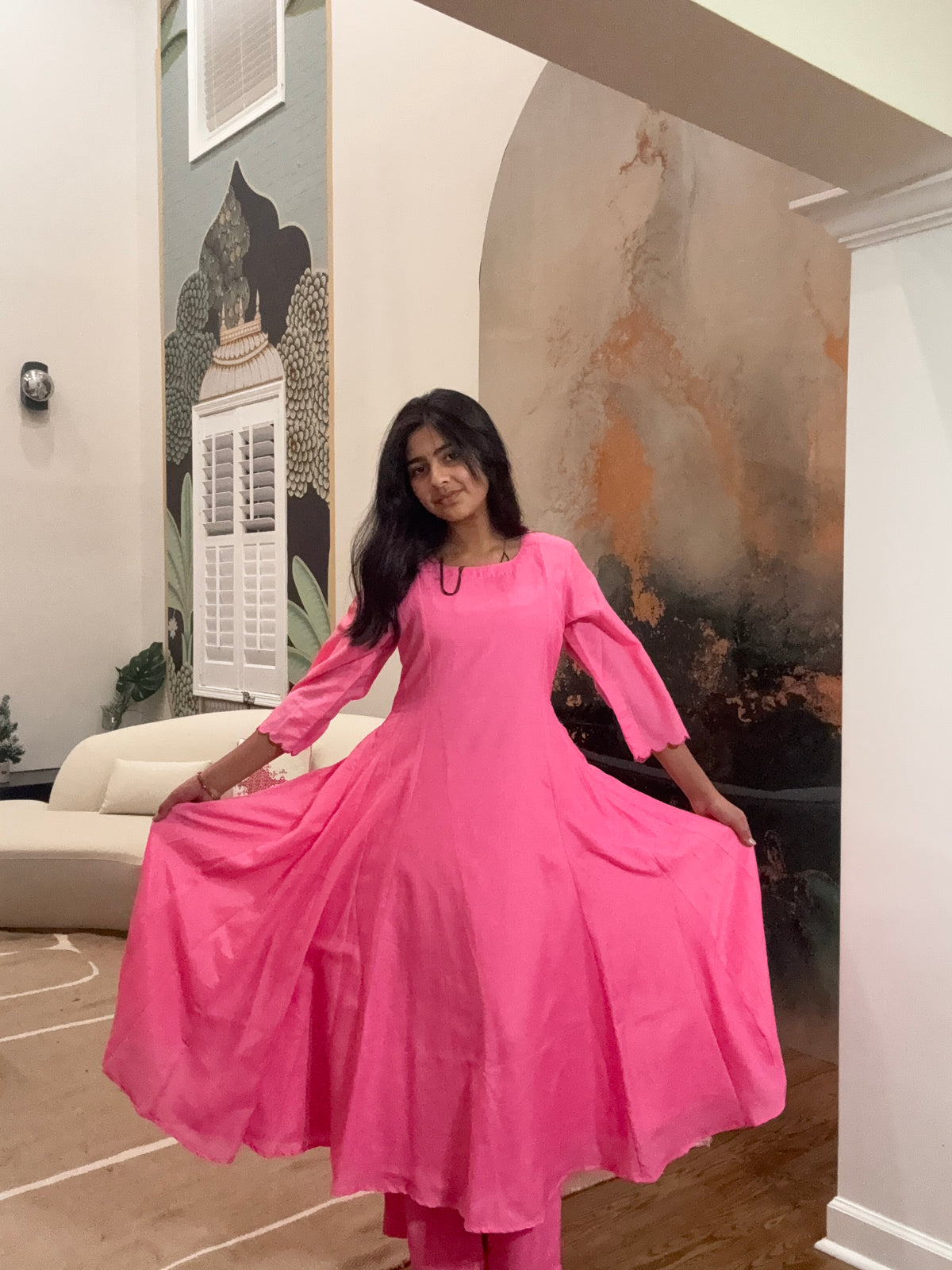 Size S - 36 - Plain Anarkali Kurta and Pant Set - Bright Pink