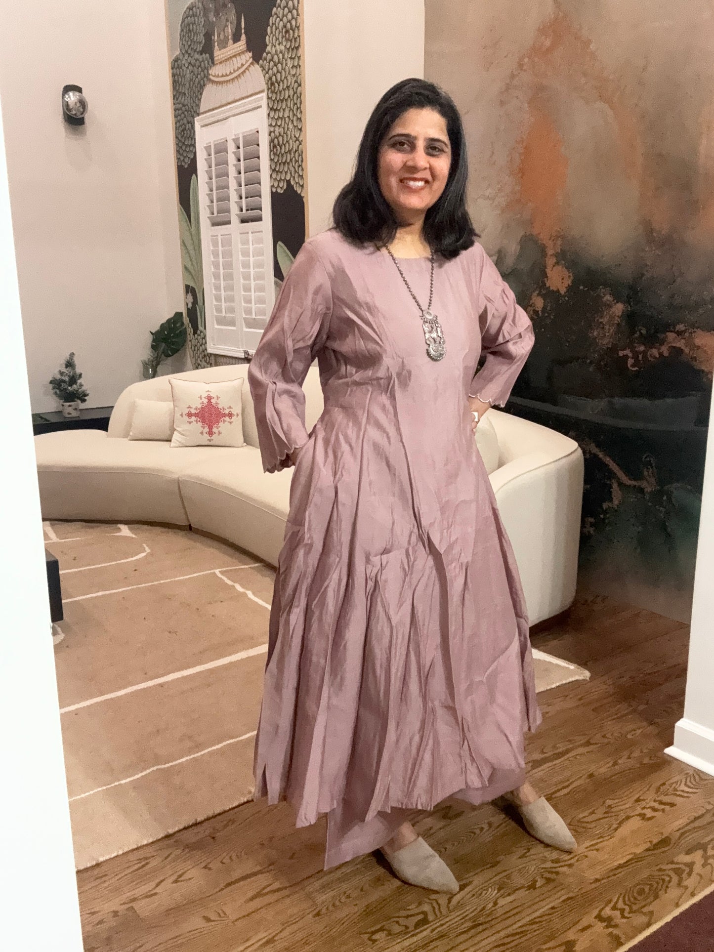 Size 3XL - 46 - Plain Anarkali Kurta and Pant Set - light brown
