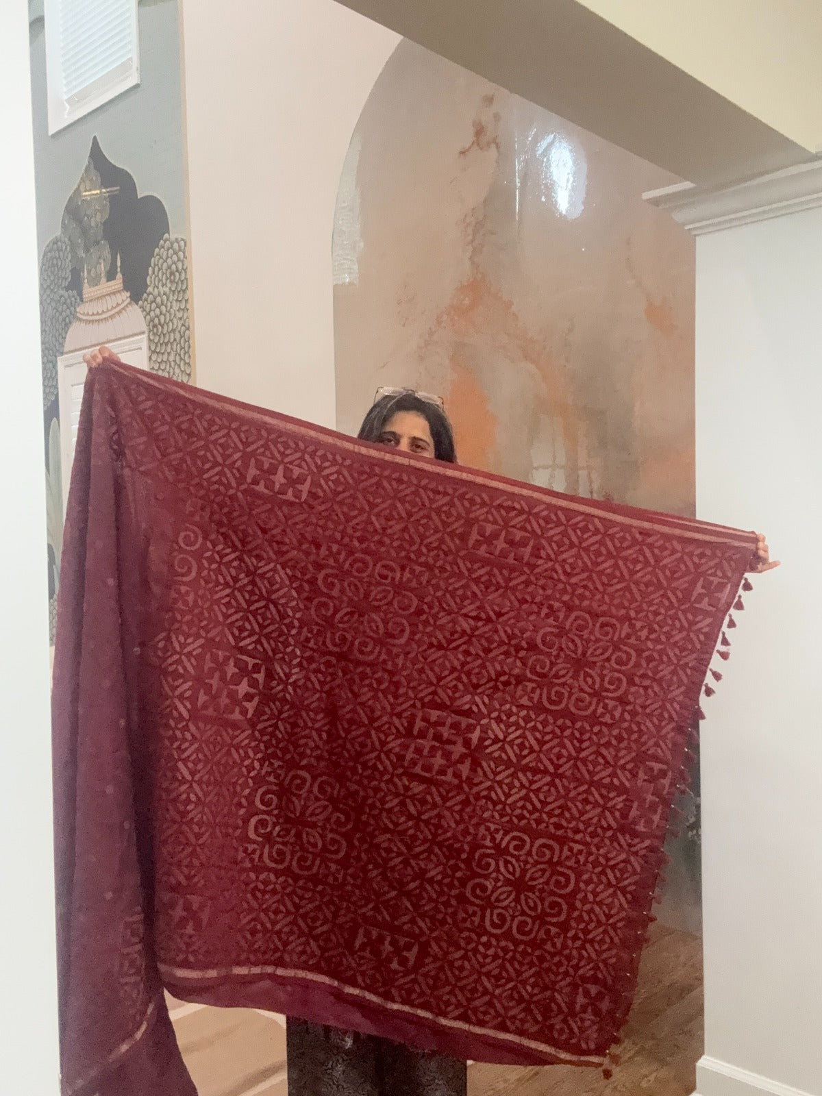 Hand Appliquework sarees on Maheshwari Silk - Maroon
