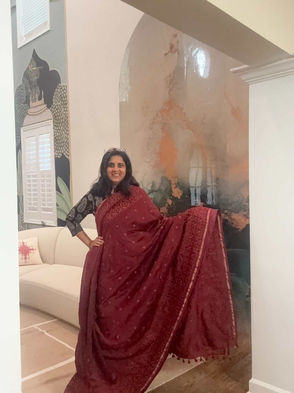 Hand Appliquework sarees on Maheshwari Silk - Maroon