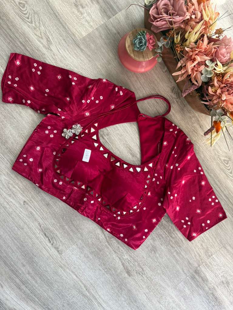 Bandhani Blouse with Mirror Work - Raspberry Pink