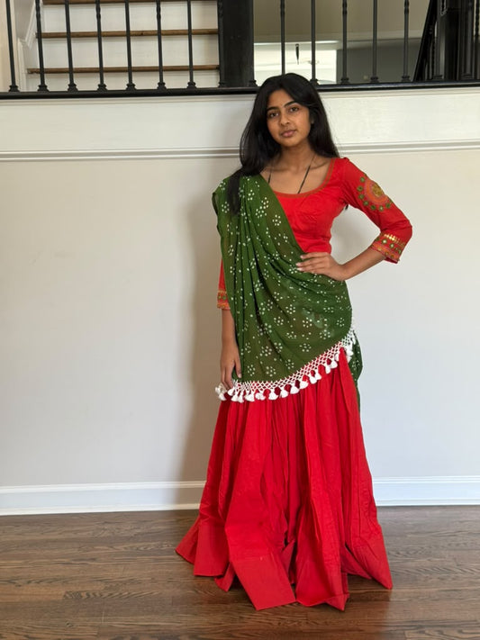 Handloom Cotton Chaniya Choli - Tomato Red  - Size 36