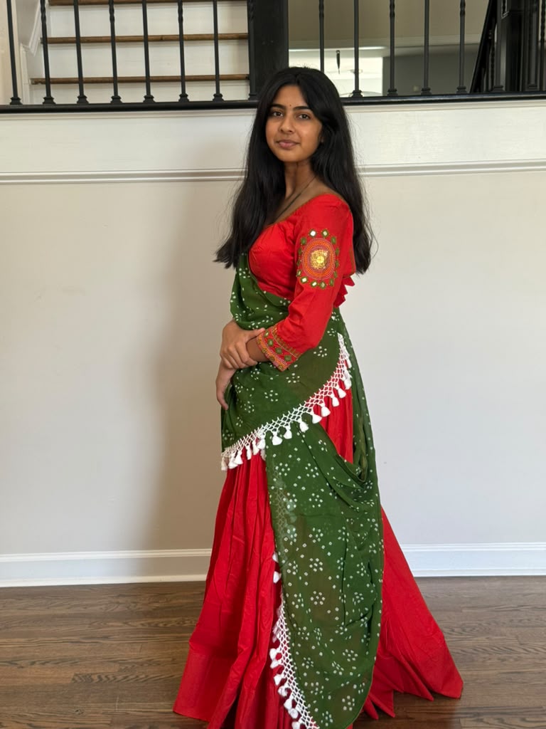 Handloom Cotton Chaniya Choli - Tomato Red  - Size 36