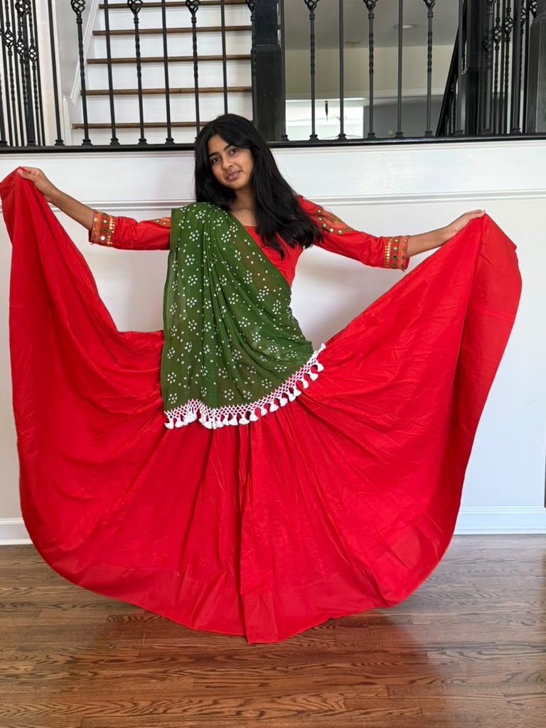 Handloom Cotton Chaniya Choli - Tomato Red  - Size 36