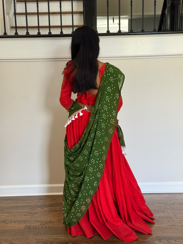 Handloom Cotton Chaniya Choli - Tomato Red  - Size 36