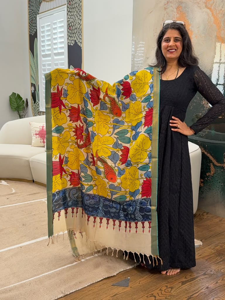 Kalamkari Dupatta - Turmeric Yellow