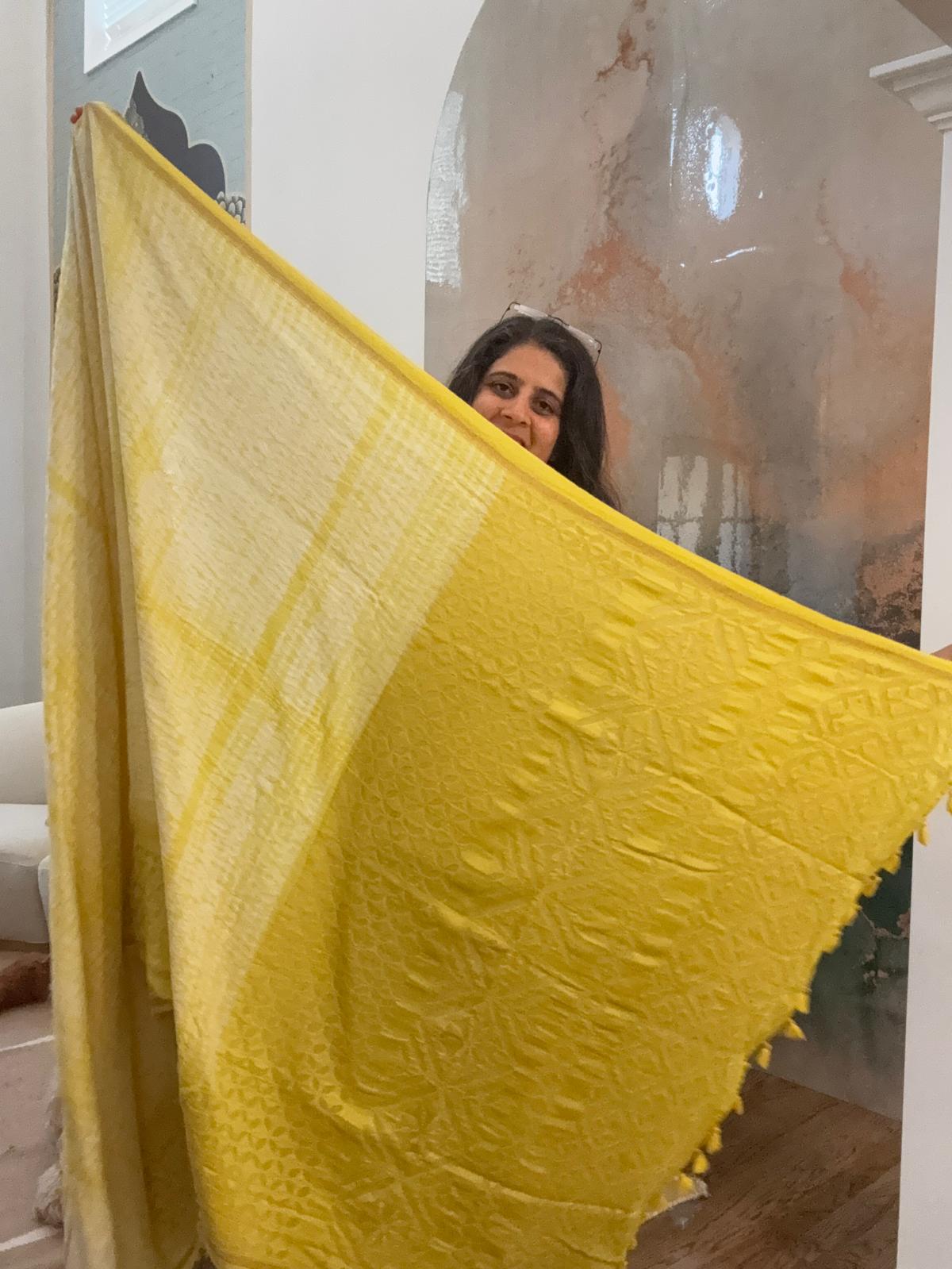 Hand Appliquework sarees on Maheshwari Silk - Lime Yellow