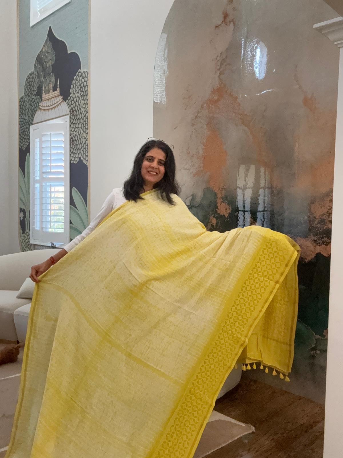 Hand Appliquework sarees on Maheshwari Silk - Lime Yellow