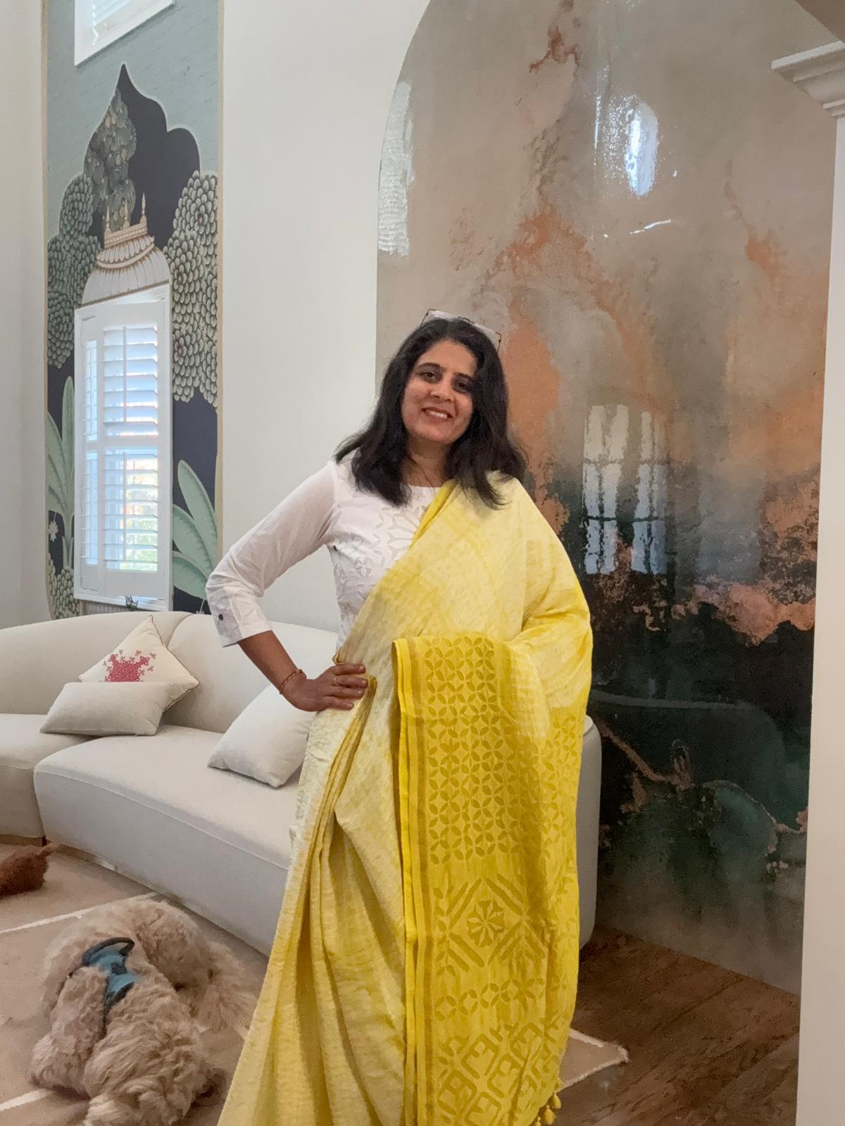 Hand Appliquework sarees on Maheshwari Silk - Lime Yellow