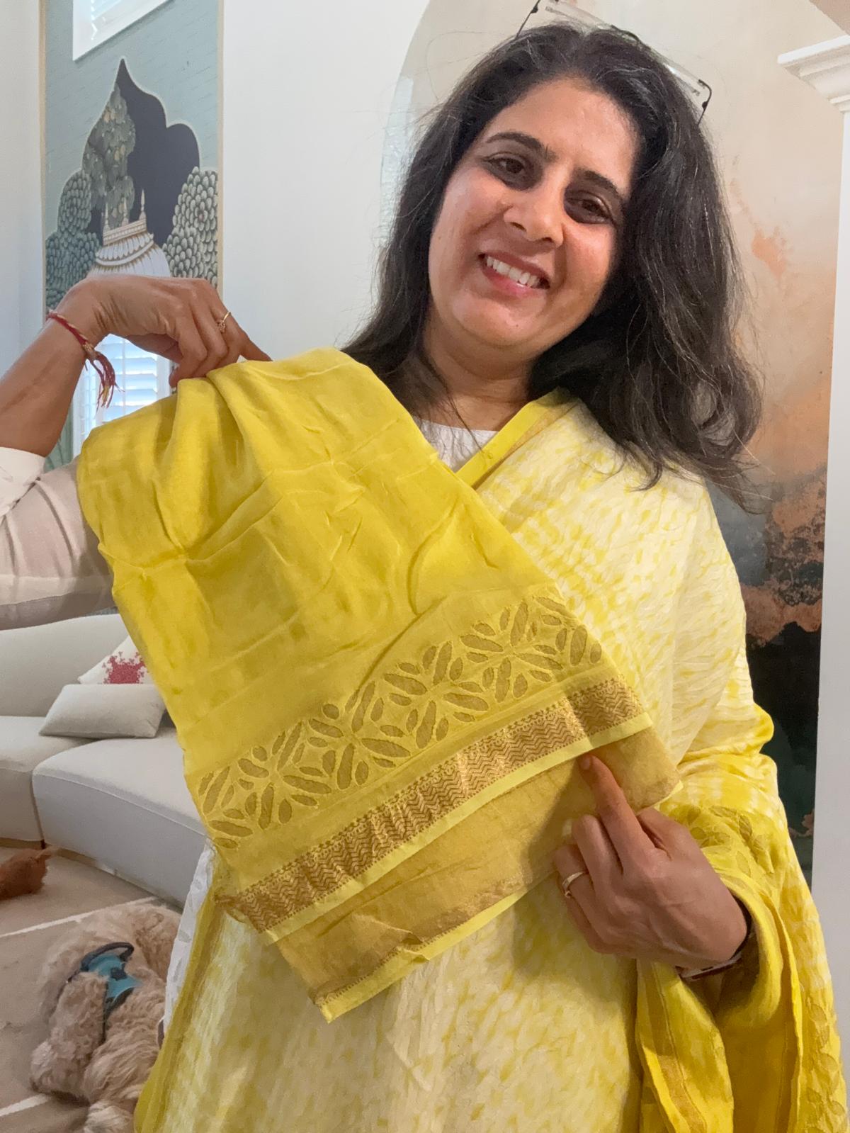 Hand Appliquework sarees on Maheshwari Silk - Lime Yellow