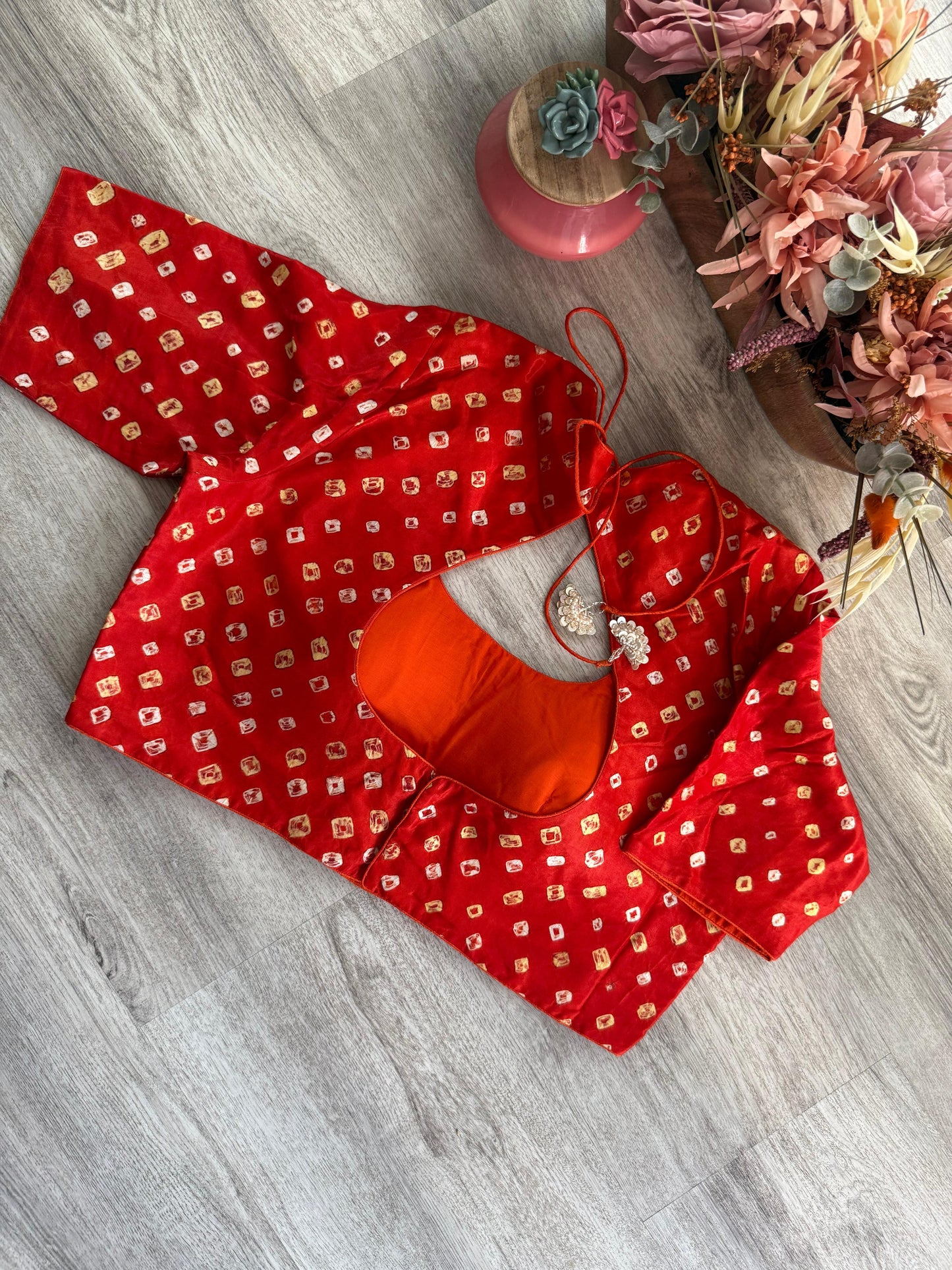 Bandhani Blouse with Mirror Work - Orange