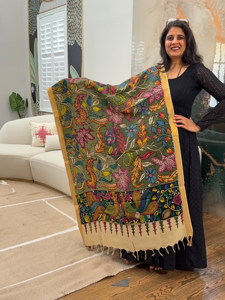 Kalamkari Dupatta - Olive Green