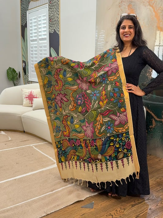 Kalamkari Dupatta - Olive Green
