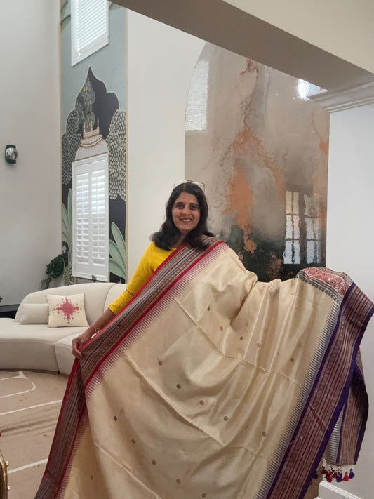 Handwoven Vidarbha tusser Saree - Purple & Crimson Border (Style 2)