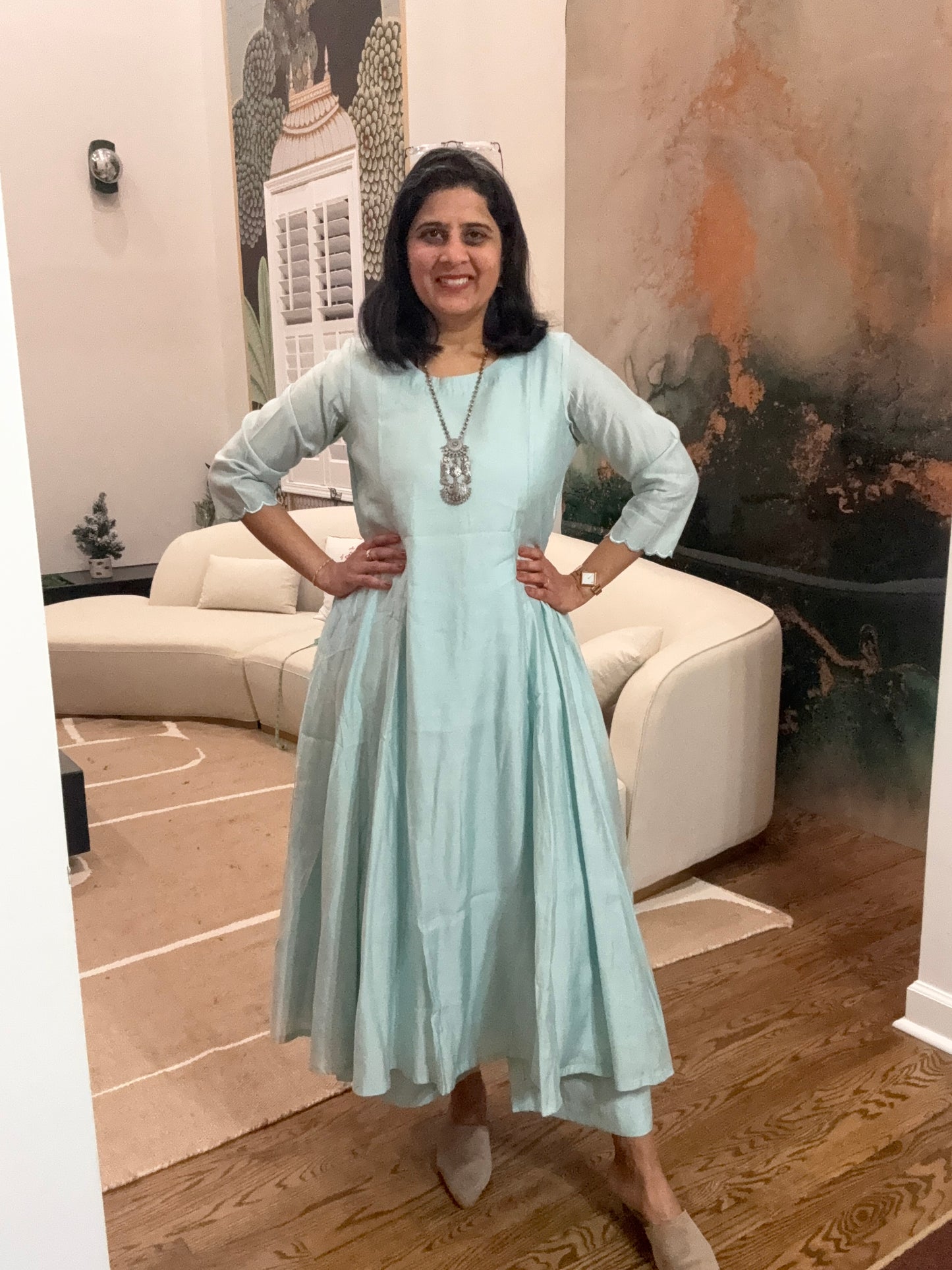 Size M - 38 - Plain Anarkali Kurta and Pant Set - Pastel Pistachio Green