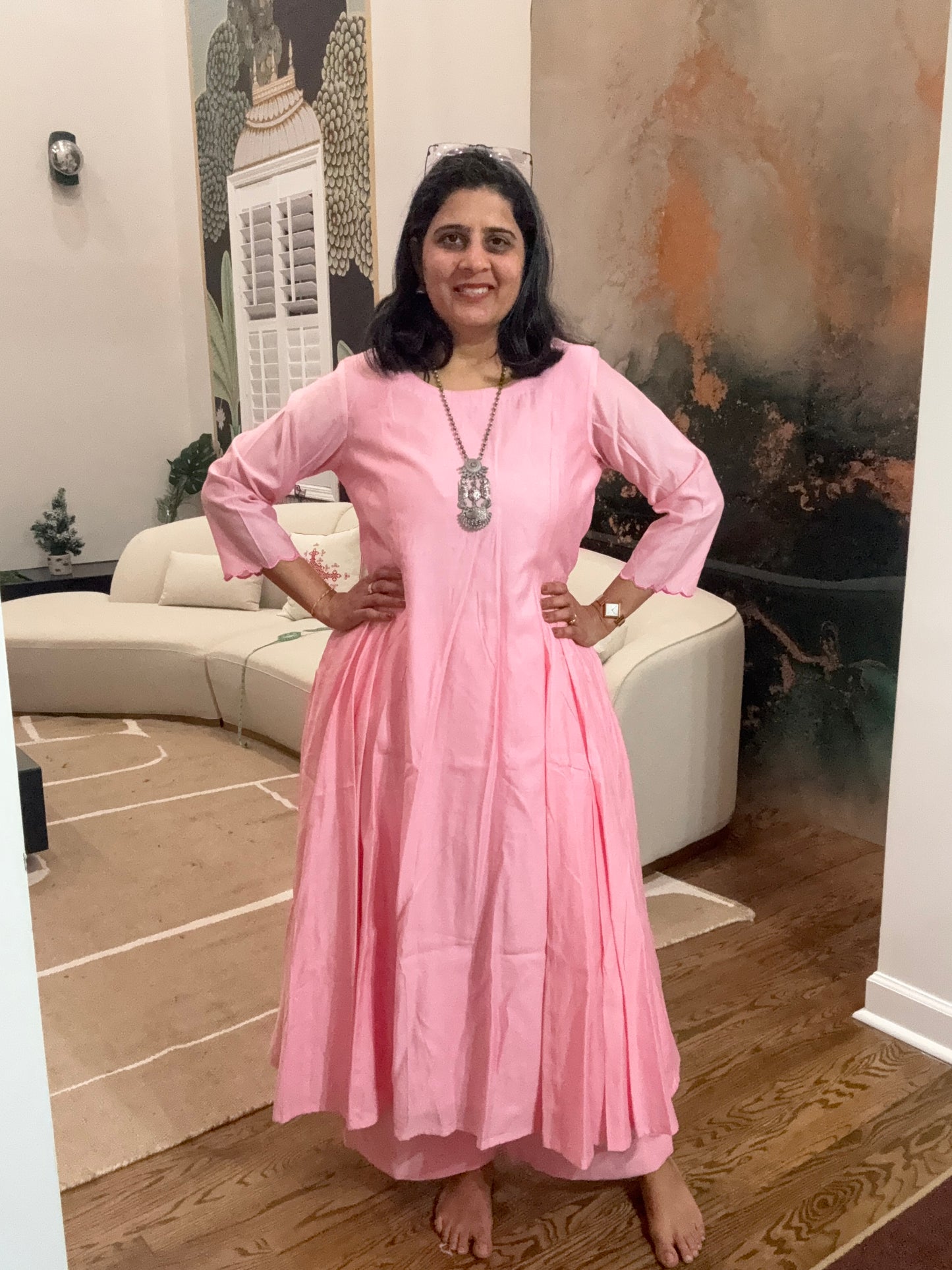 Size L - 40 - Plain Anarkali Kurta and Pant Set - Bubblegum Pink