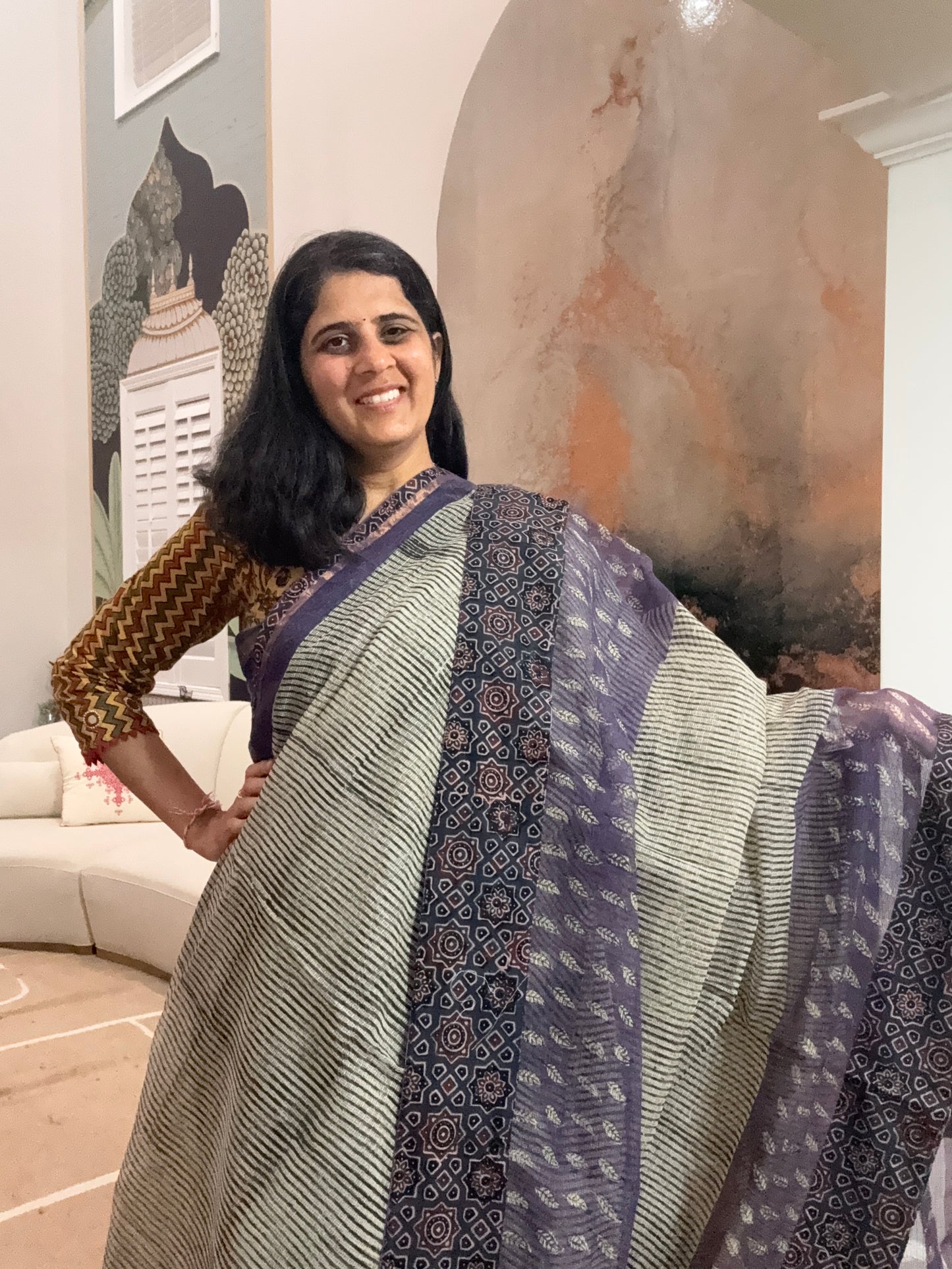 Hand Block Printed kota Saree with Ajarakh border