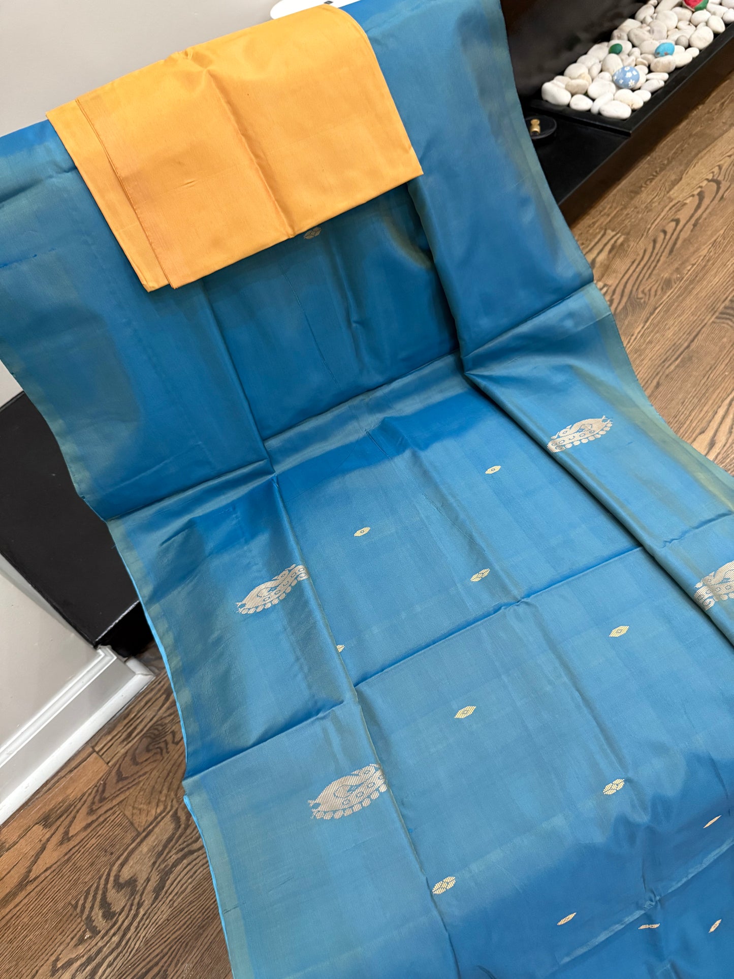 Banana Silk Saree - Ocean Blue with Sandy tan pallu