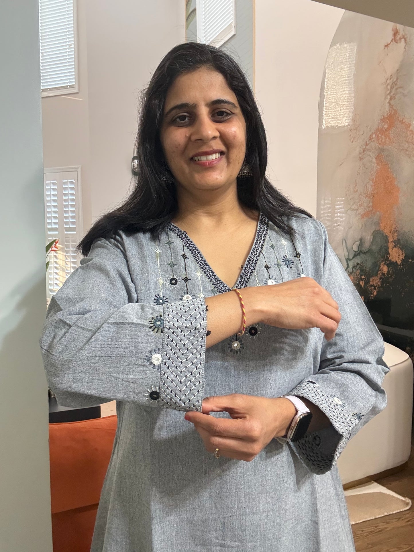 Size 40 - Lambani Hand Embroidered Kurta - Navy Gray