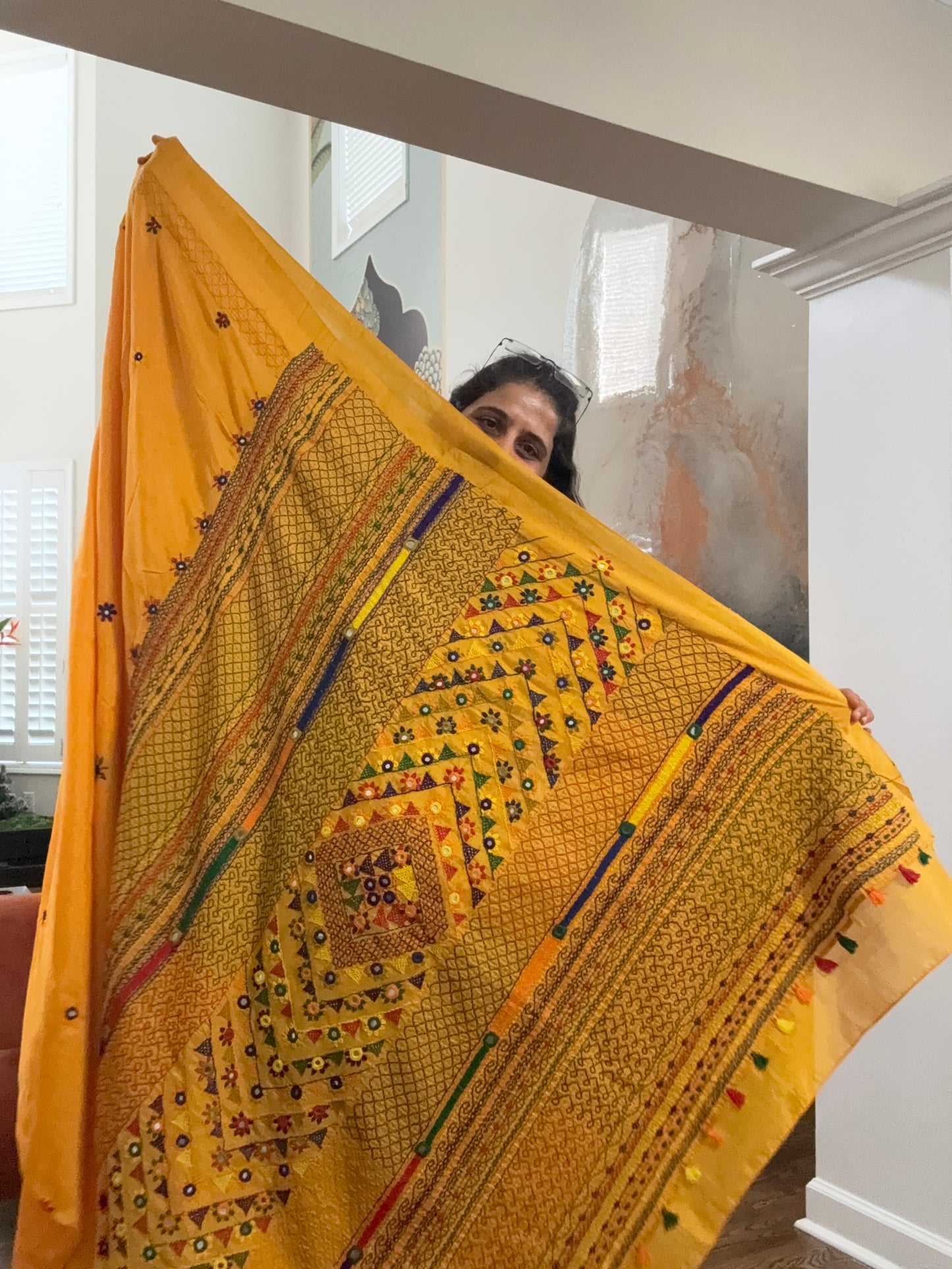 Hand embroidered Lambaani saree on Maheshwari Silk