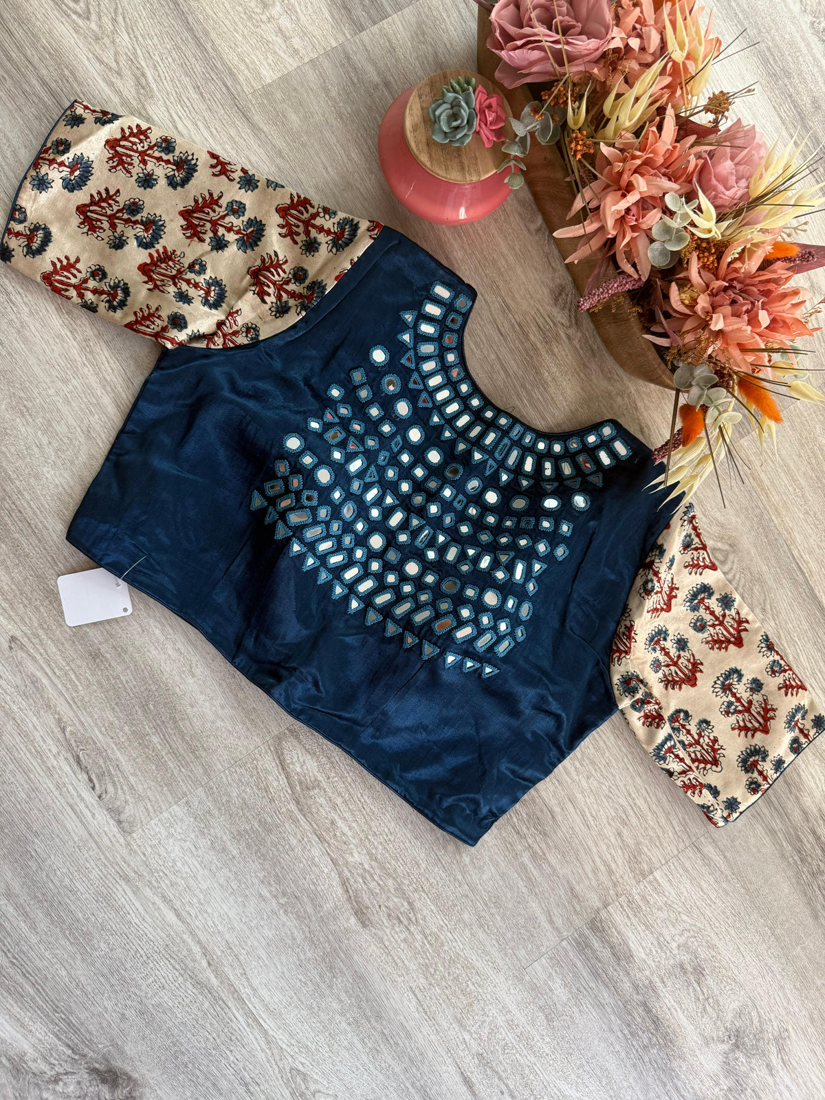 Ajarakh Blouse with Mirror Work - Peacock Blue