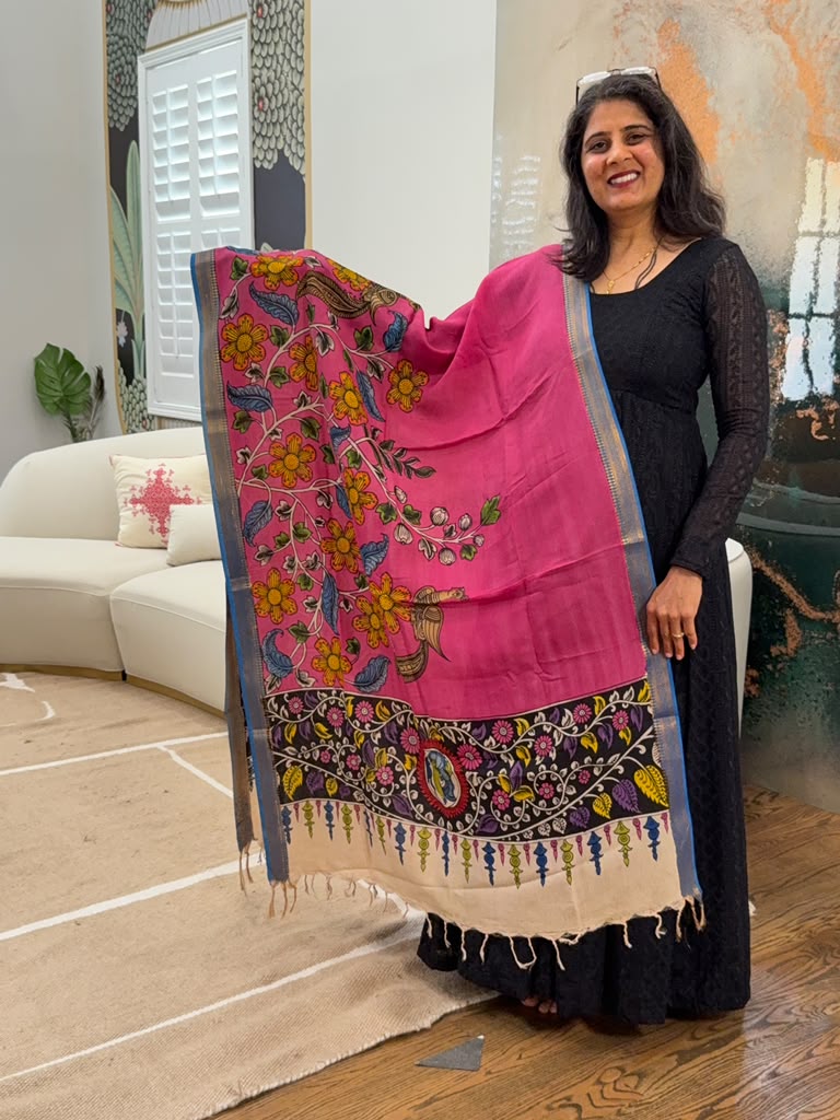 Kalamkari Dupatta - Fuchsia Pink