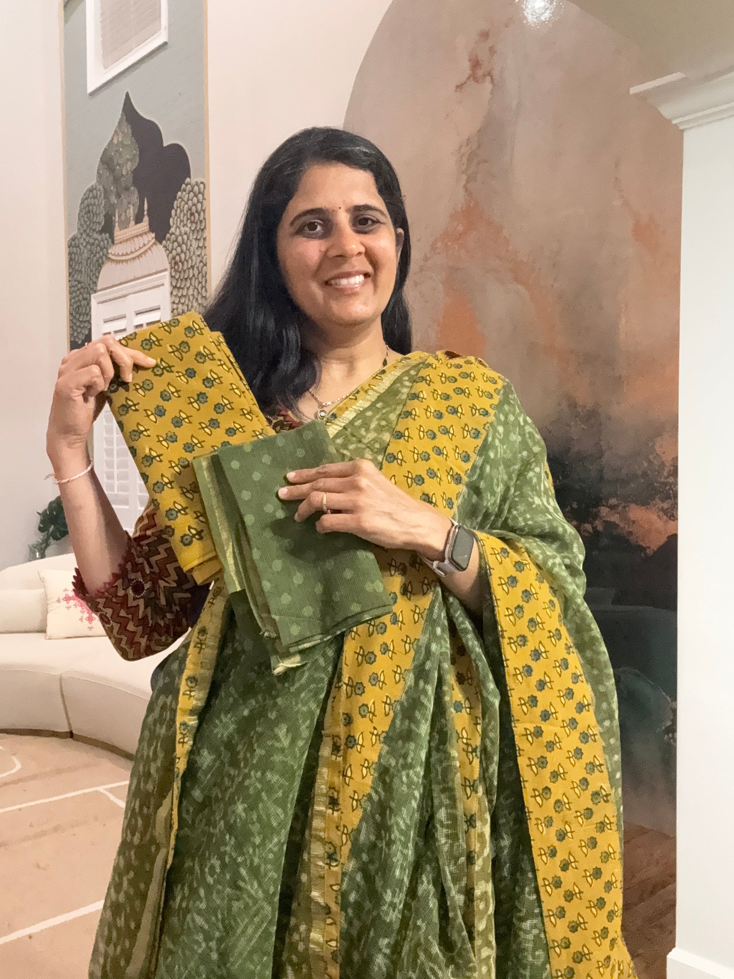 Hand Block Printed kota Saree with Ajarakh border