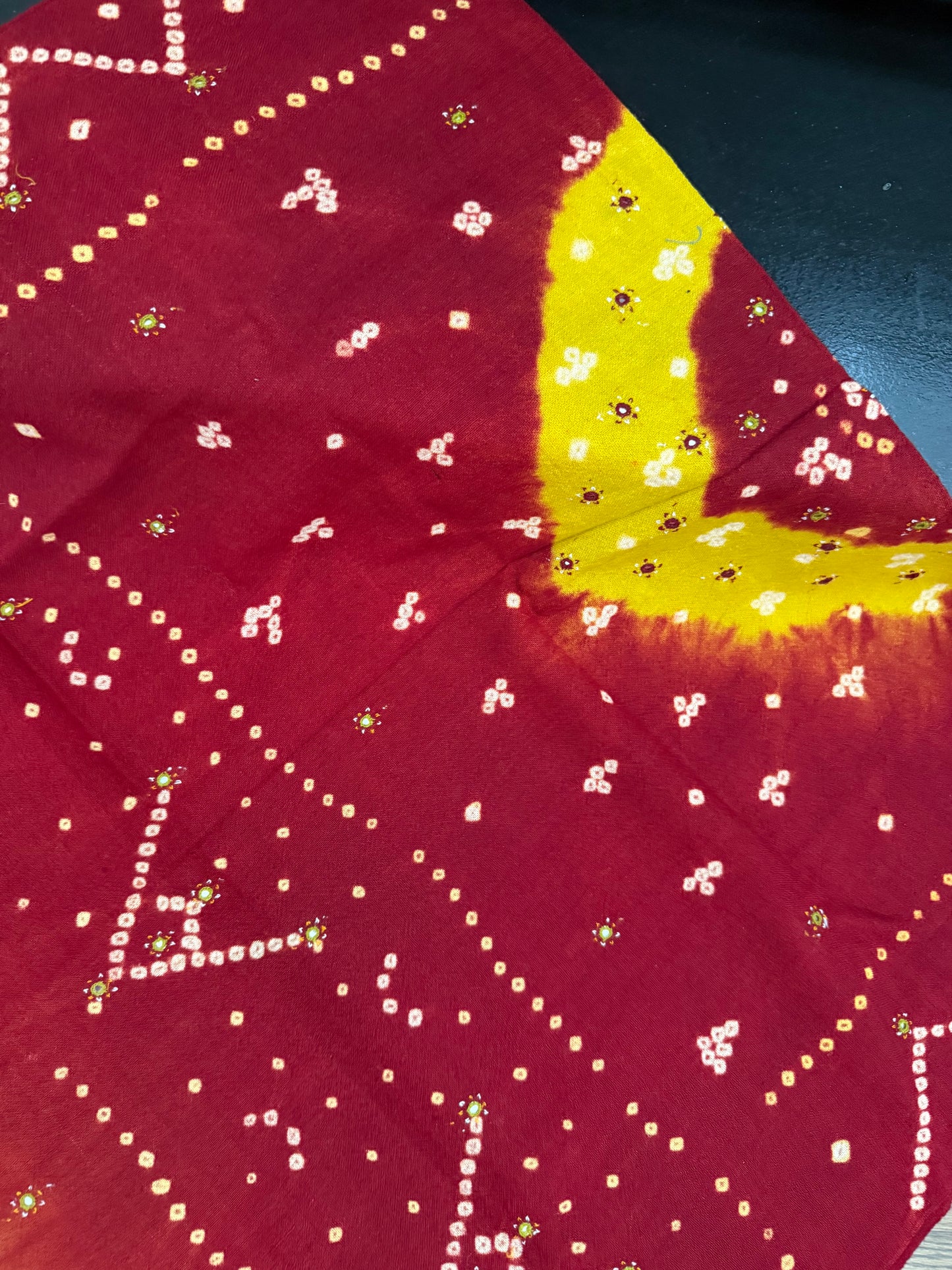 Hand Woven Bandhej Marino Sheep Wool Shawl - Lime Yellow/ Maroon