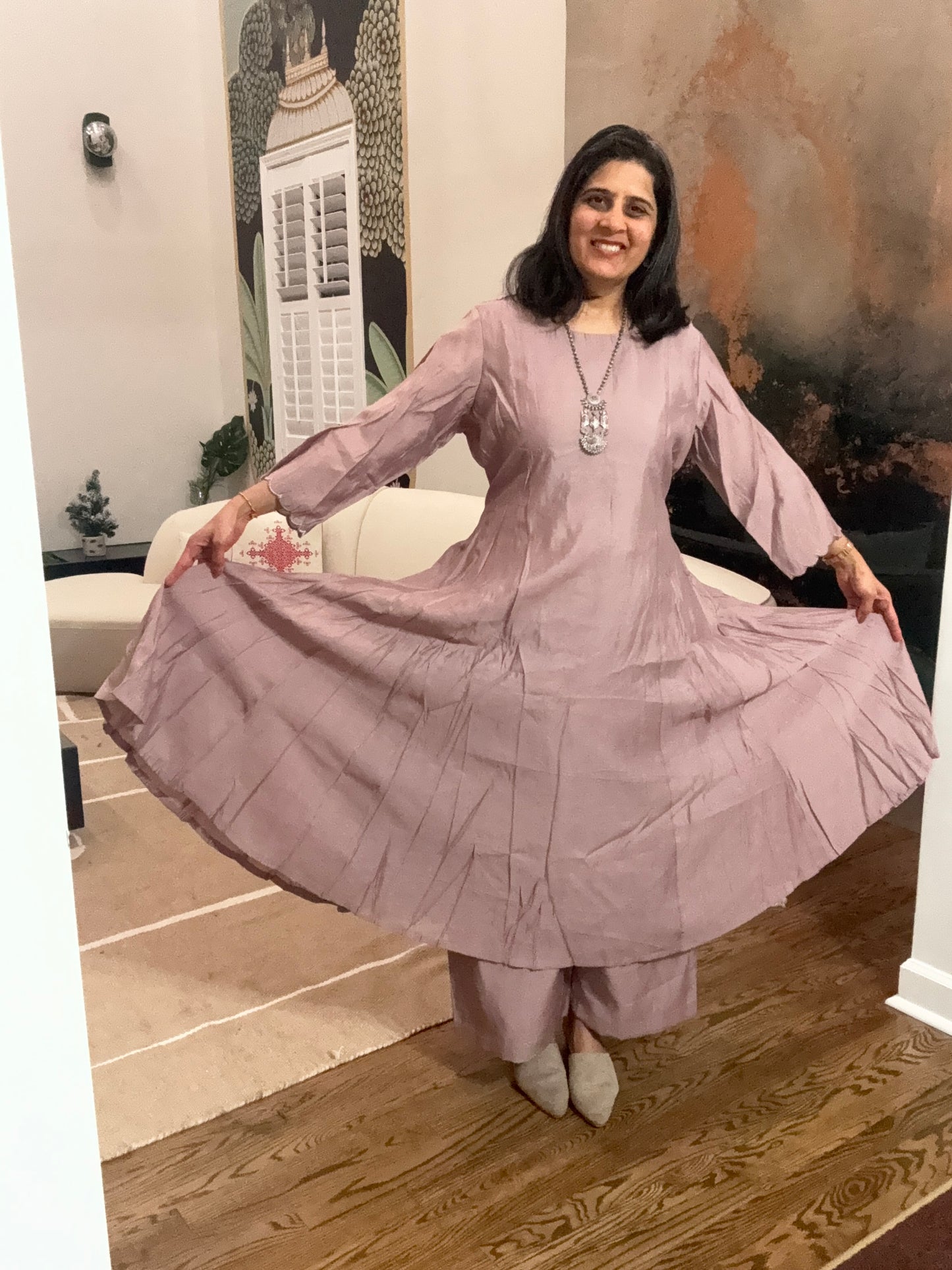 Size 3XL - 46 - Plain Anarkali Kurta and Pant Set - light brown
