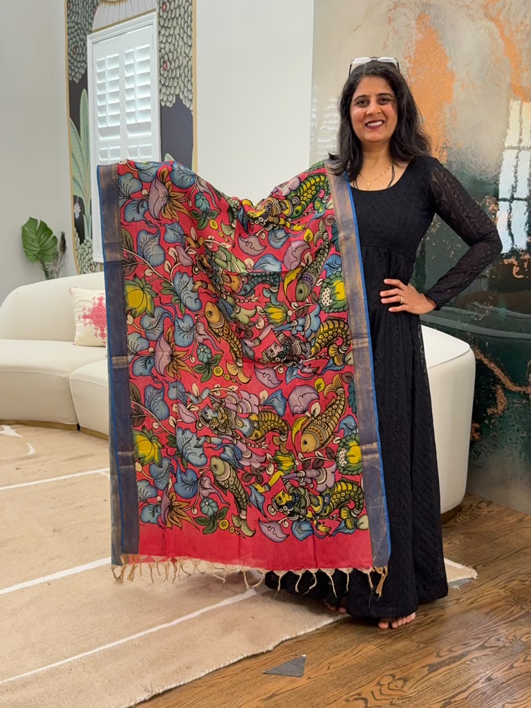 Kalamkari Dupatta - Tomato Red
