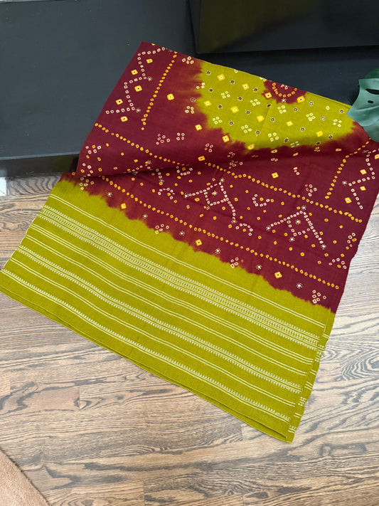 Hand Woven Bandhej Marino Sheep Wool Shawl - Olive Green/ Maroon